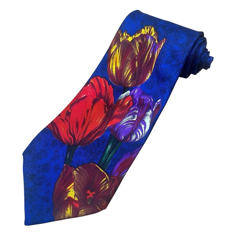 Perry Ellis Portfolio‎ Vintage 90s Necktie 100% Silk Colorful Tulips USA Made